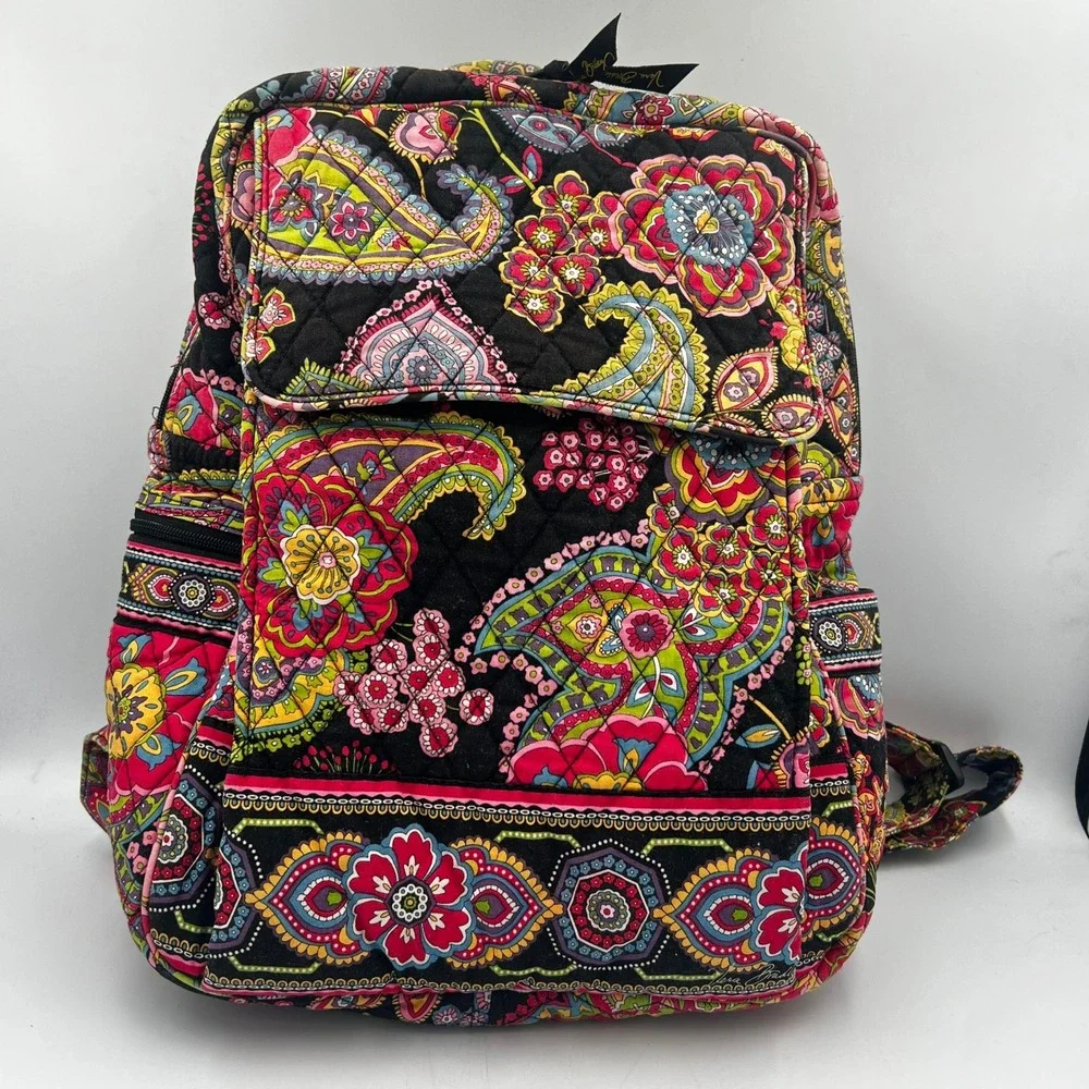 Vera Bradley Quilted Cotton Backpack Black Floral 15